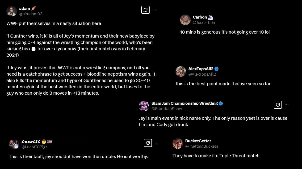 Fans aren't too thrilled about Jey vs Gunther (Screenshots via X)